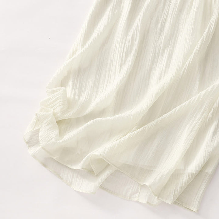 Vestido midi informal de verano con bordado liso y doble capa de algodón y lino de manga corta con Buddha Stones - image 19