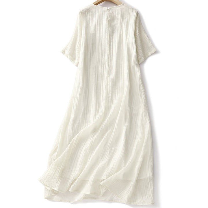 Vestido midi informal de verano con bordado liso y doble capa de algodón y lino de manga corta con Buddha Stones - image 10