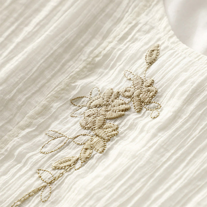 Vestido midi informal de verano con bordado liso y doble capa de algodón y lino de manga corta con Buddha Stones - image 12