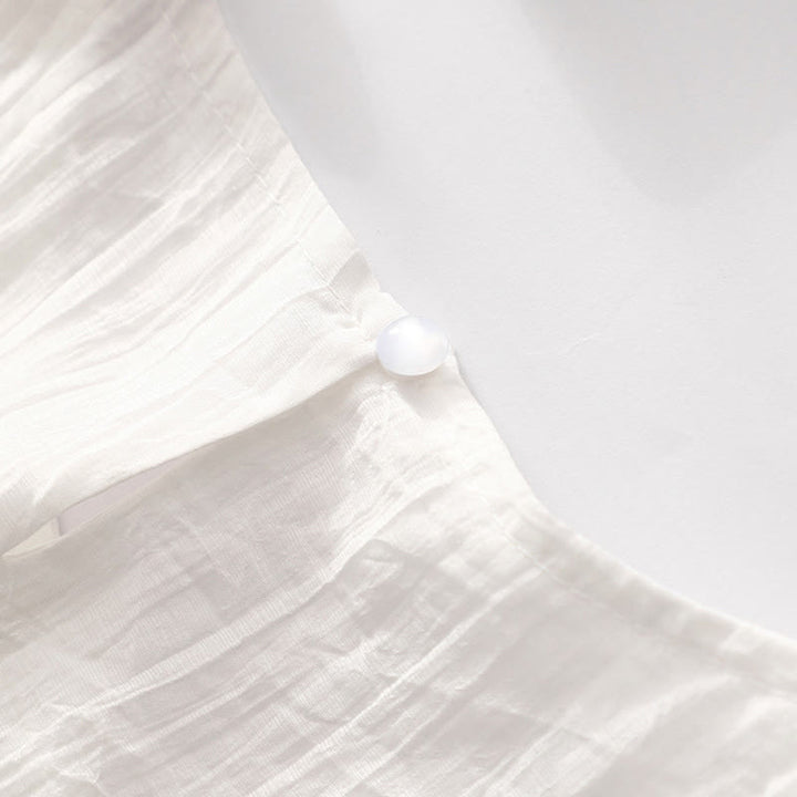 Vestido midi informal de verano con bordado liso y doble capa de algodón y lino de manga corta con Buddha Stones - image 25