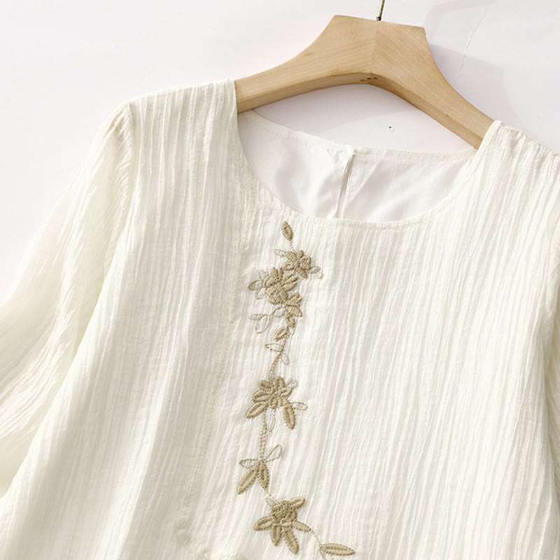 Vestido midi informal de verano con bordado liso y doble capa de algodón y lino de manga corta con Buddha Stones - image 11