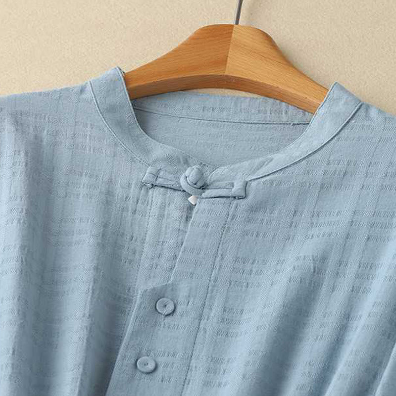 Vestido midi de lino y algodón de manga larga con bolsillos y diseño retro de Buddha Stones, color liso, con cordón y botones de rana - image 1