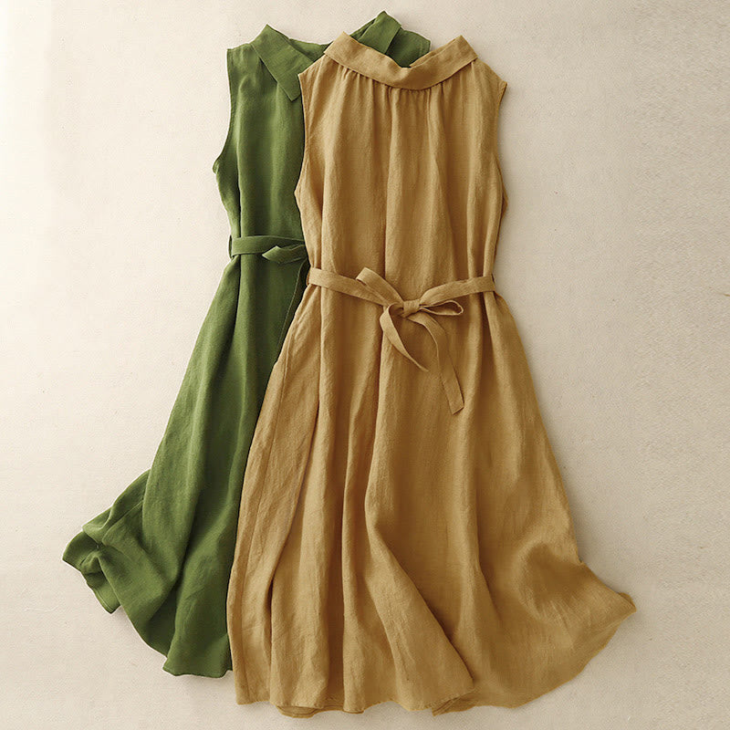 Vestido midi de algodón sin mangas con solapa y botones en la parte delantera, estilo cárdigan de Buddha Stones, de verano, liso, con cordones - image 14