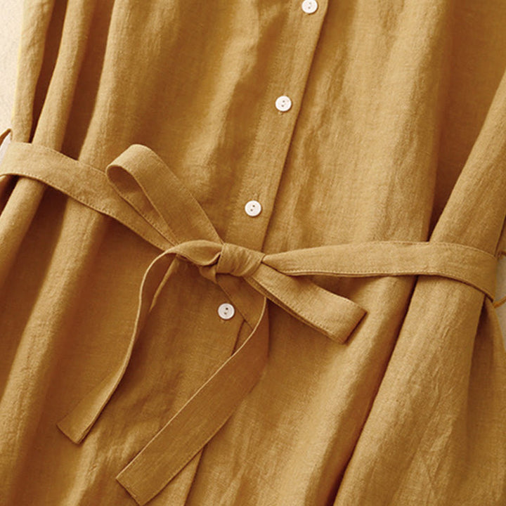 Vestido midi de algodón sin mangas con solapa y botones en la parte delantera, estilo cárdigan de Buddha Stones, de verano, liso, con cordones - image 3