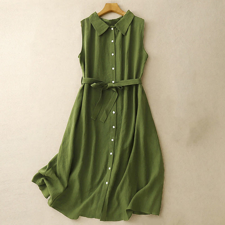 Vestido midi de algodón sin mangas con solapa y botones en la parte delantera, estilo cárdigan de Buddha Stones, de verano, liso, con cordones - Verde bosque - US12, UK/AU16, EU44 (2XL) - image 8