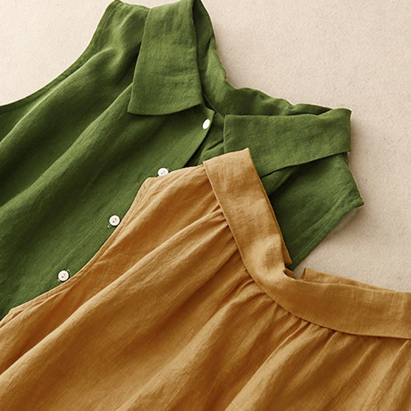 Vestido midi de algodón sin mangas con solapa y botones en la parte delantera, estilo cárdigan de Buddha Stones, de verano, liso, con cordones - image 15