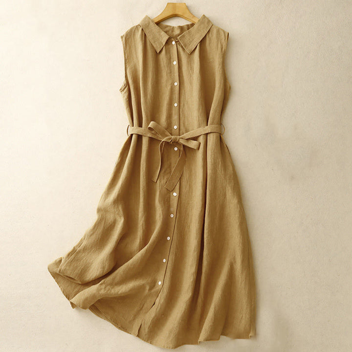 Vestido midi de algodón sin mangas con solapa y botones en la parte delantera, estilo cárdigan de Buddha Stones, de verano, liso, con cordones - Vara de oro - US12, UK/AU16, EU44 (2XL) - image 0