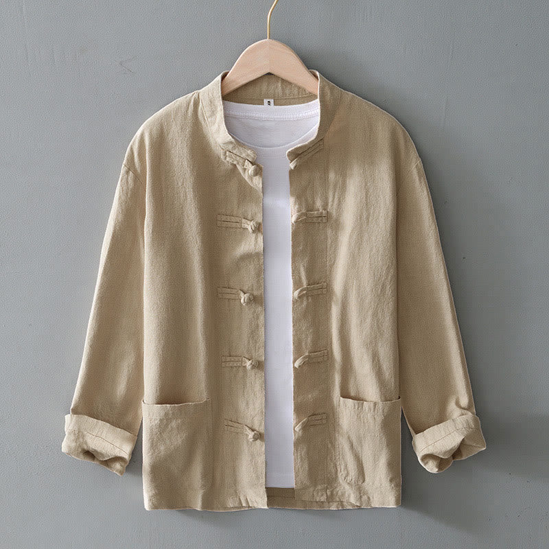 Camisa de hombre de lino y algodón con bolsillos, estilo chino Tang, con estampado de Buddha Stones y botones de rana. - Beige - US/UK/AU50, EU60 (5XL) - image 23