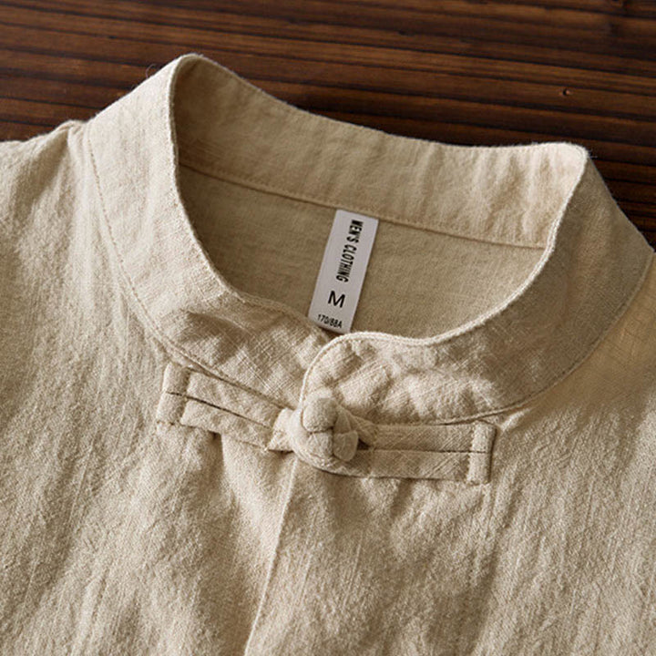 Camisa de hombre de lino y algodón con bolsillos, estilo chino Tang, con estampado de Buddha Stones y botones de rana. - image 23