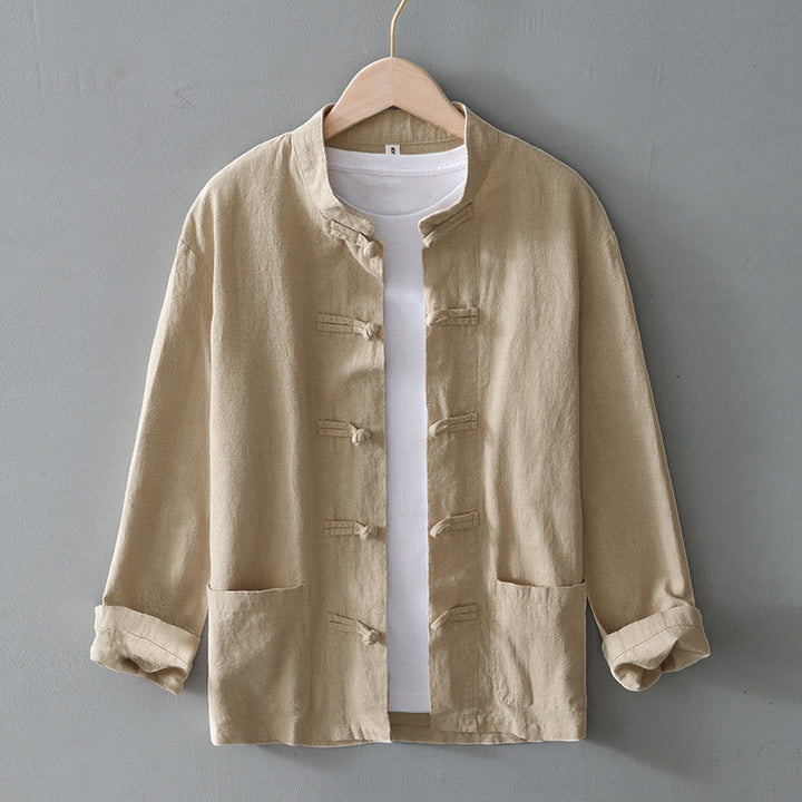 Traje chino Tang de algodón y lino con botones de rana y Buddha Stones para hombre, chaqueta y camisa con bolsillos - Beige - US/UK/AU50, UE60 (5XL) - image 23