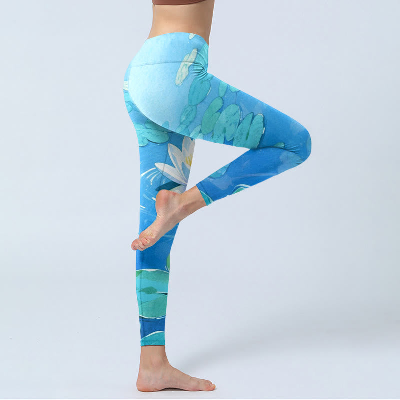 Leggings de yoga para mujer con estampado de flores de loto blancas y hojas de loto verdes y piedras de Buddha Stones - image 4