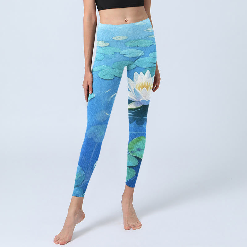 Leggings de yoga para mujer con estampado de flores de loto blancas y hojas de loto verdes y piedras de Buddha Stones - image 5