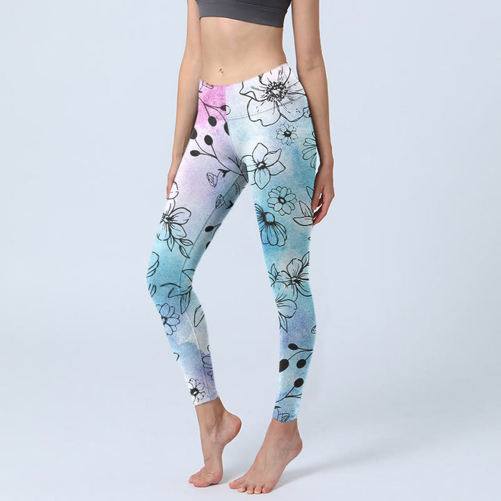 Leggings de yoga para mujer con estampado de hojas y flores de Buddha Stones en negro - Azul cielo claro - US18，UK/AU22，EU50 (4XL) - image 1