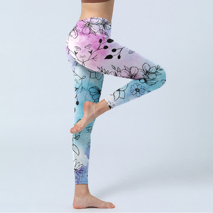 Leggings de yoga para mujer con estampado de hojas y flores de Buddha Stones en negro - image 5