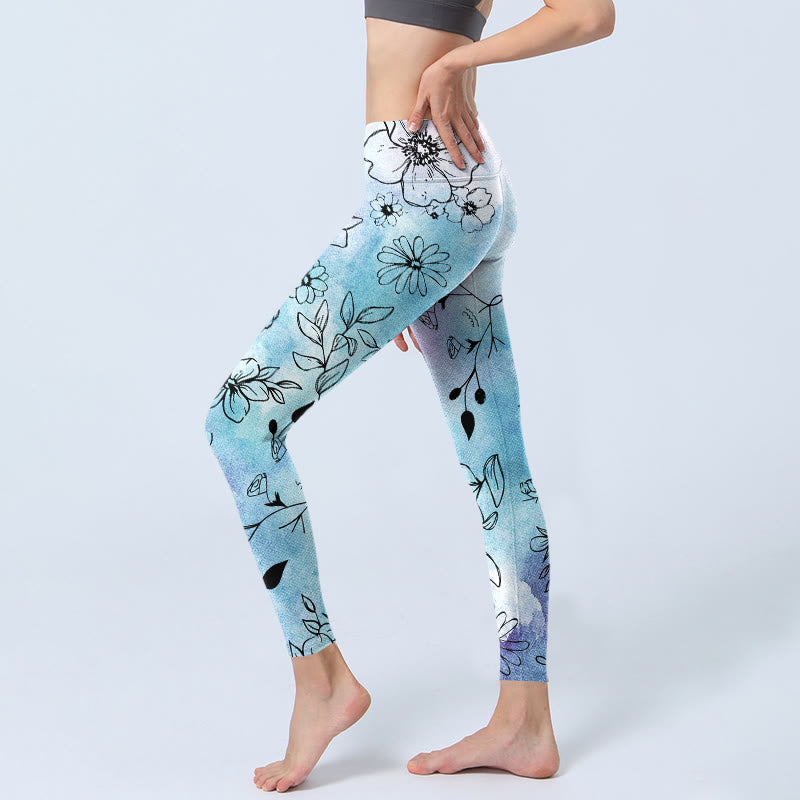 Leggings de yoga para mujer con estampado de hojas y flores de Buddha Stones en negro - image 3