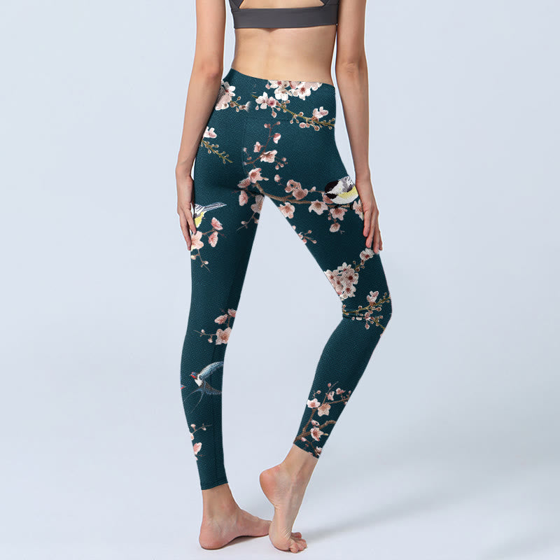 Leggings de yoga para mujer con estampado de Buddha Stones, golondrinas y flores de durazno - image 3