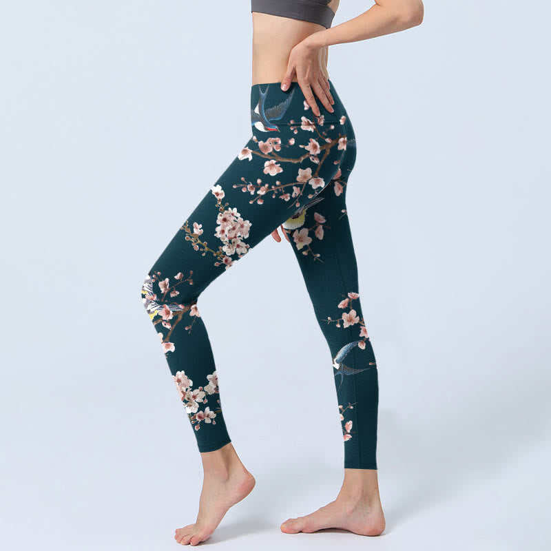 Leggings de yoga para mujer con estampado de Buddha Stones, golondrinas y flores de durazno - image 2