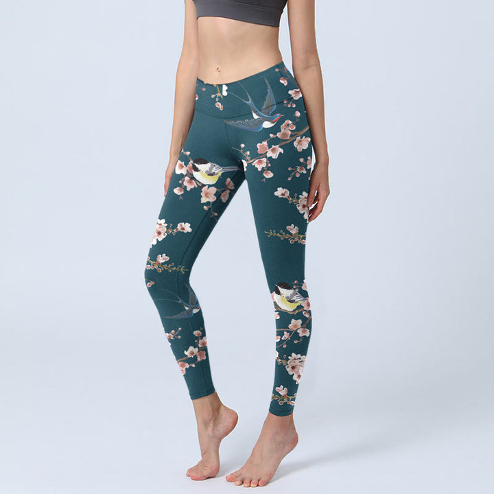 Leggings de yoga para mujer con estampado de Buddha Stones, golondrinas y flores de durazno - Gris pizarra oscuro - US18，UK/AU22，EU50 (4XL) - image 1