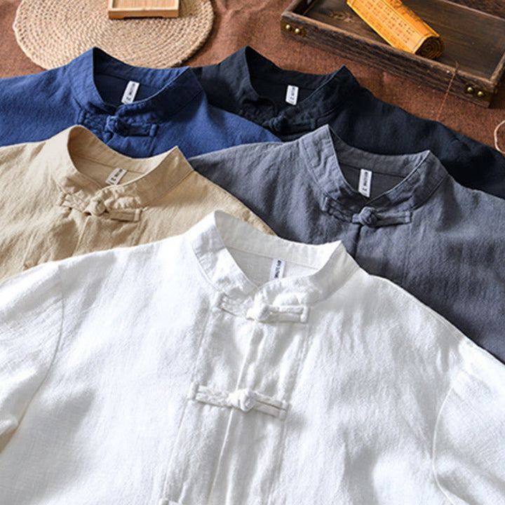Camisa de hombre de lino y algodón con bolsillos, estilo chino Tang, con estampado de Buddha Stones y botones de rana. - image 33