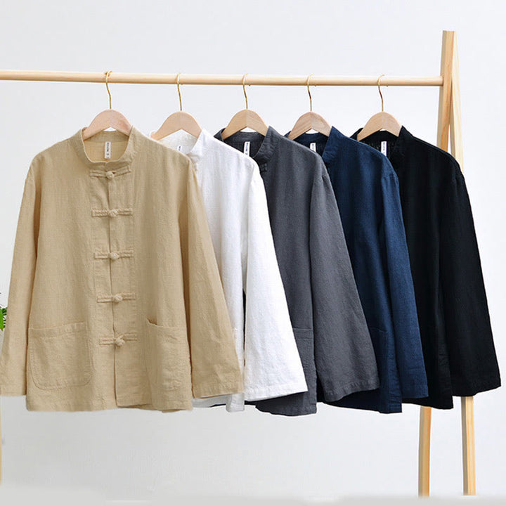 Camisa de hombre de lino y algodón con bolsillos, estilo chino Tang, con estampado de Buddha Stones y botones de rana. - image 1
