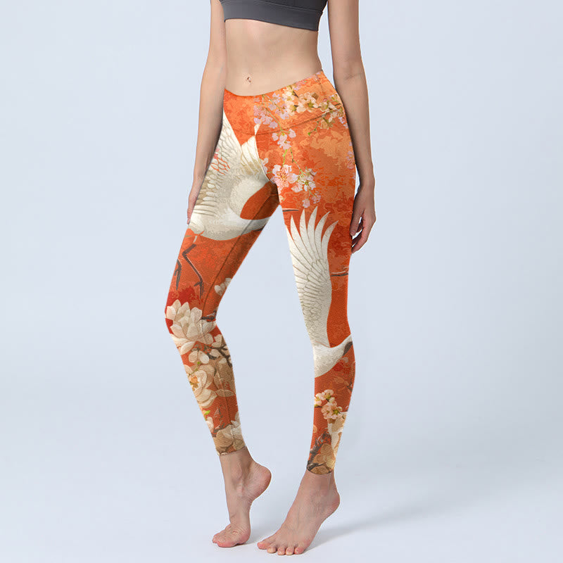 Leggings de yoga para mujer con estampado de flores de loto, grulla de corona roja y Buddha Stones - NaranjaRojo - US18，UK/AU22，EU50 (4XL) - image 1