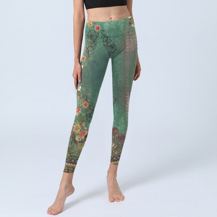 Leggings de yoga para mujer con estampado de damasco y encaje con guirnalda floral vintage de Buddha Stones - image 5