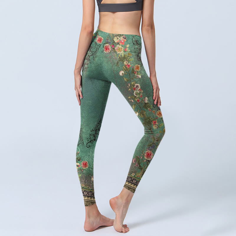 Leggings de yoga para mujer con estampado de damasco y encaje con guirnalda floral vintage de Buddha Stones - image 3