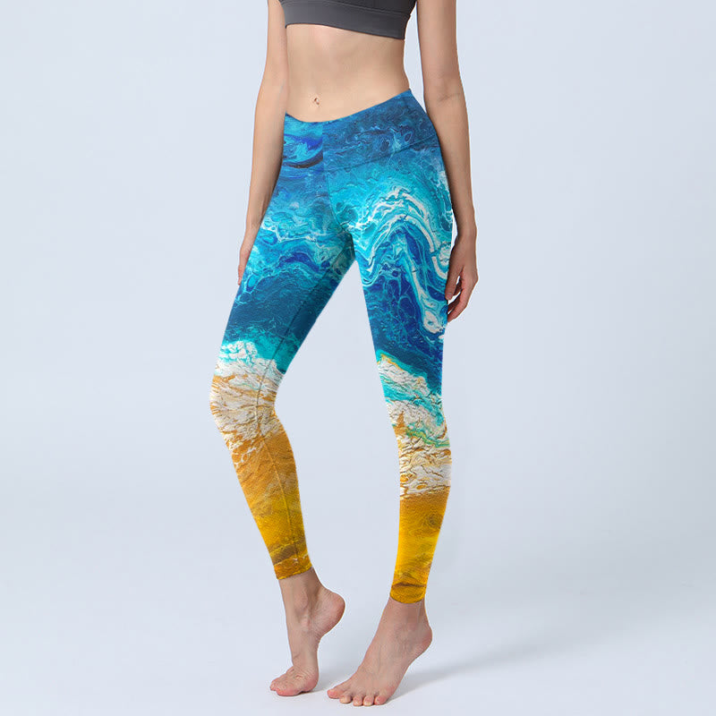 Leggings de yoga para mujer con estampado de olas del océano y Buddha Stones en la costa dorada - Azul medio - US18，UK/AU22，EU50 (4XL) - image 0