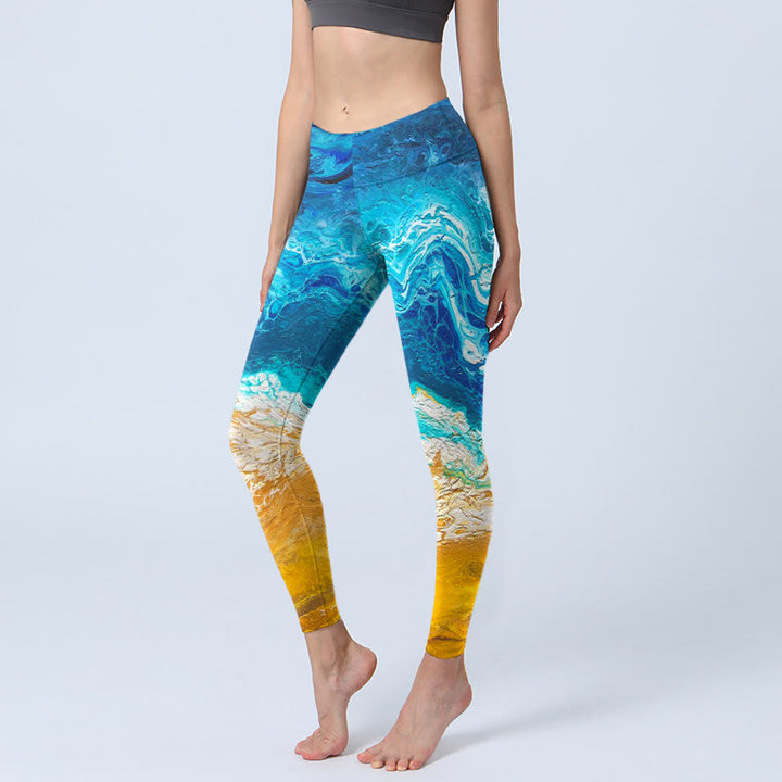 Leggings de yoga para mujer con estampado de olas del océano y Buddha Stones en la costa dorada - Azul medio - US18，UK/AU22，EU50 (4XL) - image 0