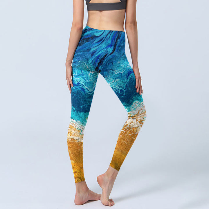 Leggings de yoga para mujer con estampado de olas del océano y Buddha Stones en la costa dorada - image 3
