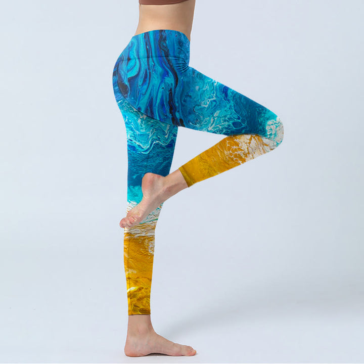 Leggings de yoga para mujer con estampado de olas del océano y Buddha Stones en la costa dorada - image 4
