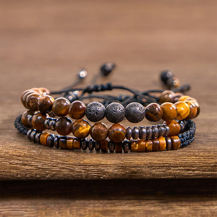 Juego de 3 pulseras protectoras de piedra de lava y ojo de tigre de Buddha Stones