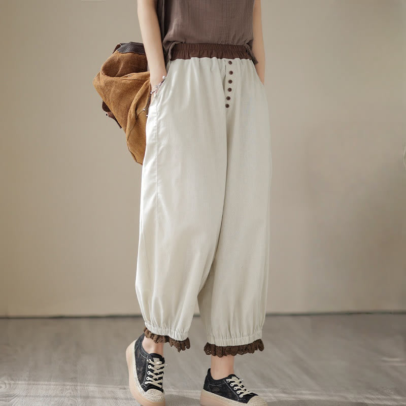 Pantalones harén de algodón y lino con cintura elástica y bolsillos para mujer, diseño informal de patchwork de color liso y primavera con Buddha Stones - image 1