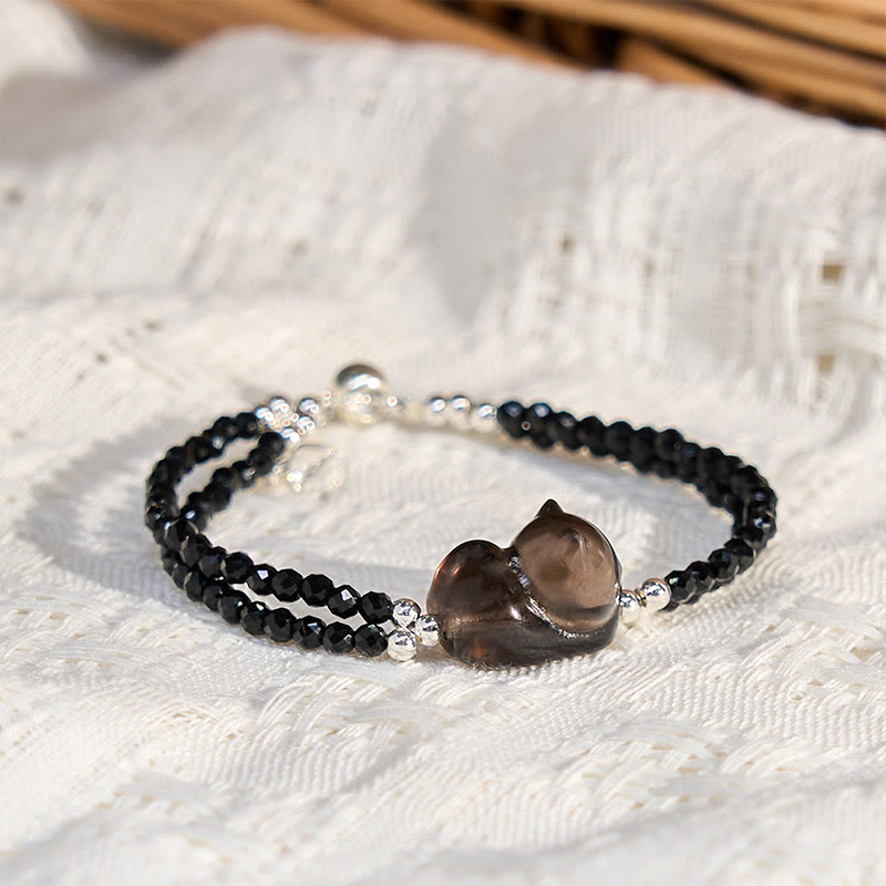 Pulsera de doble capa con Buddha Stones, obsidiana de hielo, espinela negra y gato tumbado. - Obsidiana de hielo (circunferencia de la muñeca: 16 cm) - image 1