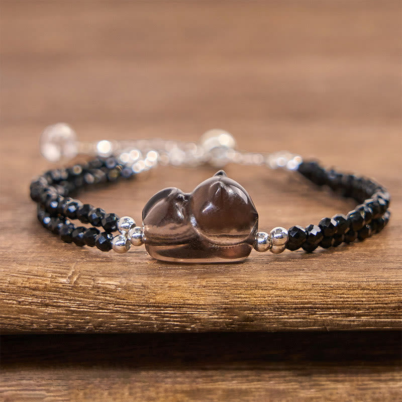 Pulsera de doble capa con Buddha Stones, obsidiana de hielo, espinela negra y gato tumbado. - image 2