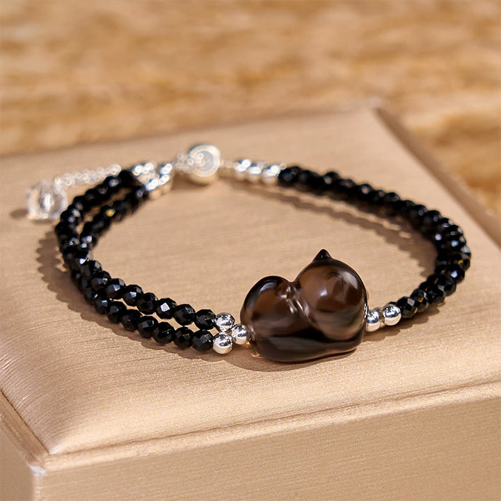 Pulsera de doble capa con Buddha Stones, obsidiana de hielo, espinela negra y gato tumbado. - image 3