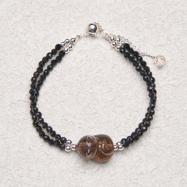 Pulsera de doble capa con Buddha Stones, obsidiana de hielo, espinela negra y gato tumbado. - image 6