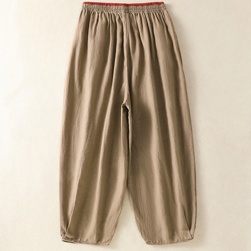 Pantalones harén de algodón y lino con bordado informal de Buddha Stones para mujer, de largo 7-8, con bolsillos - image 1