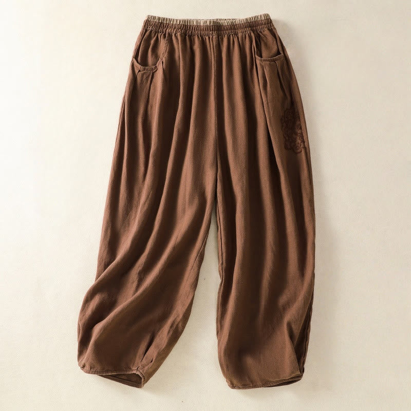 Pantalones harén de algodón y lino con bordado informal de Buddha Stones para mujer, de largo 7-8, con bolsillos - Tierra de siena - US8-10，UK/AU12-14，EU40-42 (2XL) - image 23