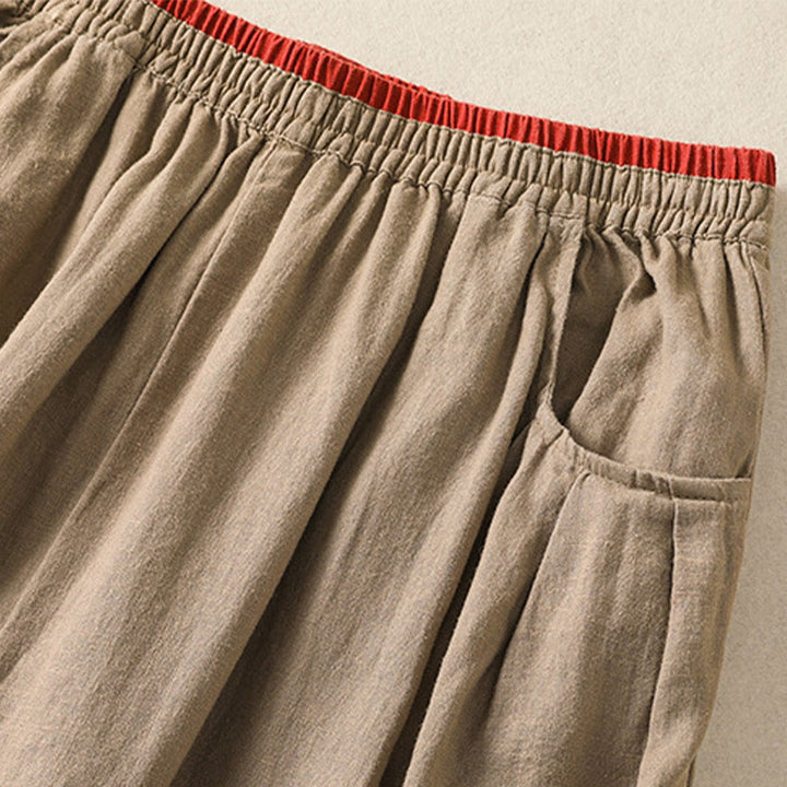 Pantalones harén de algodón y lino con bordado informal de Buddha Stones para mujer, de largo 7-8, con bolsillos - image 3