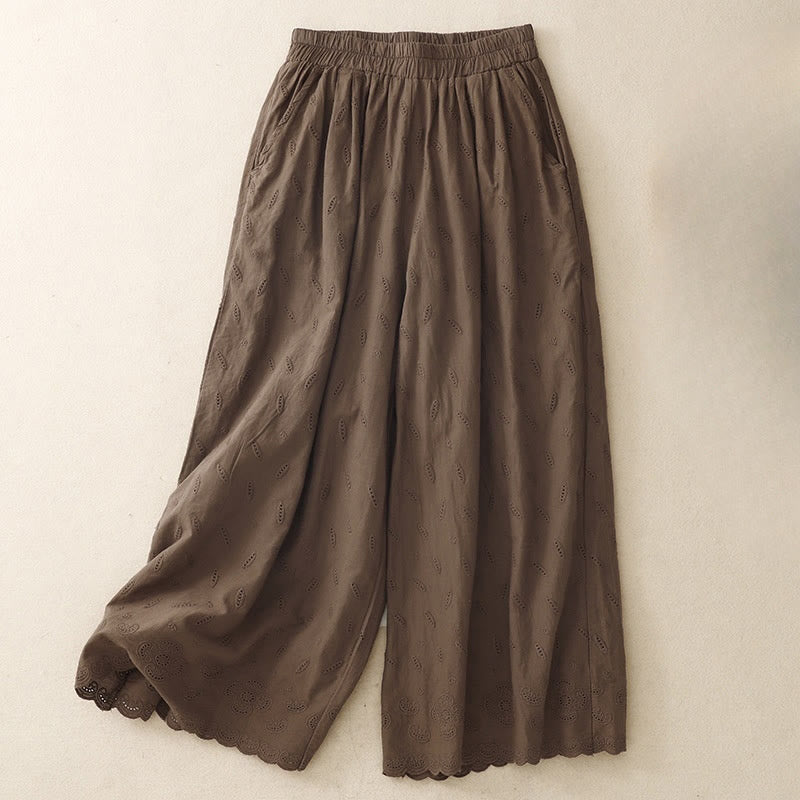 Pantalones de algodón de pierna ancha con bolsillos para mujer, diseño de patchwork, dobladillo de encaje bordado vintage de verano con Buddha Stones - Marrón silla de montar - US6，UK/AU10，EU38 (XL) - image 0