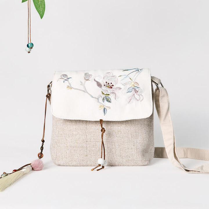 Mochila de lona de poliéster de gran capacidad con bordado de magnolia y Buddha Stones, hecha a mano