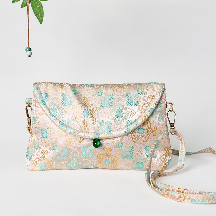 Bolso bandolera de poliéster y algodón con bordado de flores retro y Buddha Stones