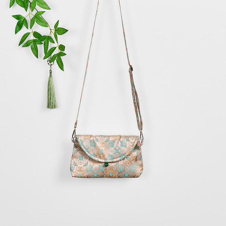 Bolso bandolera de poliéster y algodón con bordado de flores retro y Buddha Stones