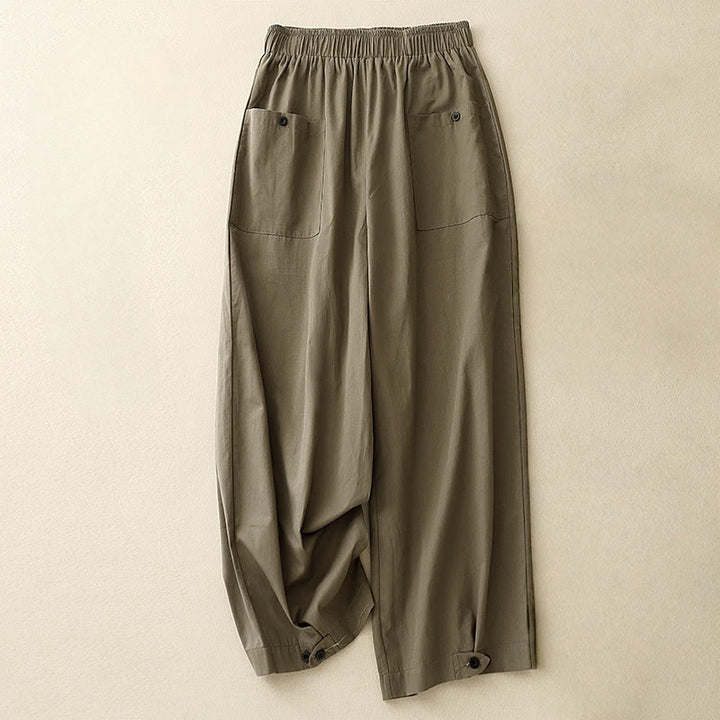 Pantalones de algodón de pierna ancha para mujer con diseño de botones, estilo vintage casual y bolsillos, con estampado de Buddha Stones - Aceituna - US8-10，UK/AU12-14，EU40-42 (2XL) - image 8