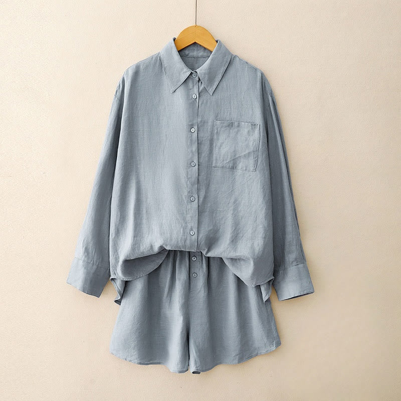 Conjunto de 2 piezas de camisa de manga larga con estampado de Buddha Stones y pantalones cortos para mujer, con bolsillos. - Azul aciano - US12, UK/AU16, EU44 (2XL) - image 17