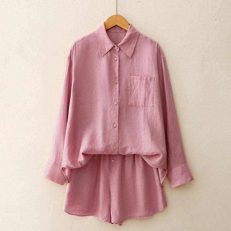 Conjunto de 2 piezas de camisa de manga larga con estampado de Buddha Stones y pantalones cortos para mujer, con bolsillos.