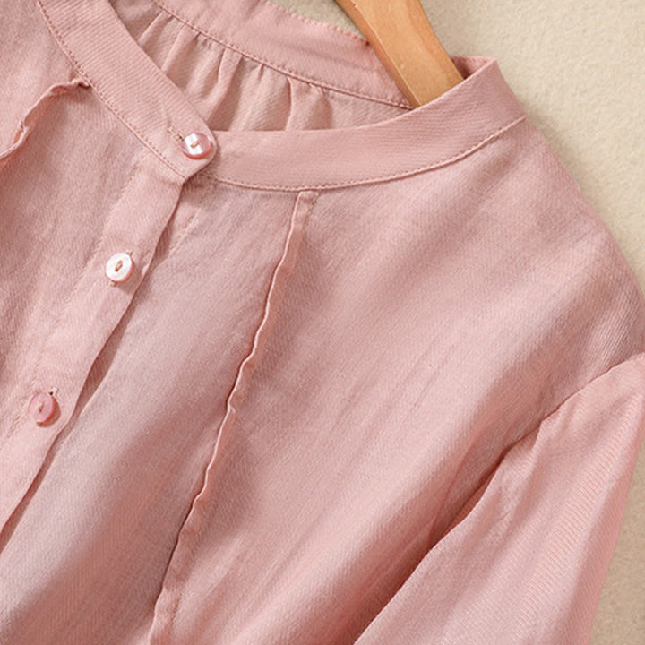 Camisa de manga tres cuartos de algodón y lino con cuello alto, diseño casual de botones y volantes, con estampado de Buddha Stones. - image 25