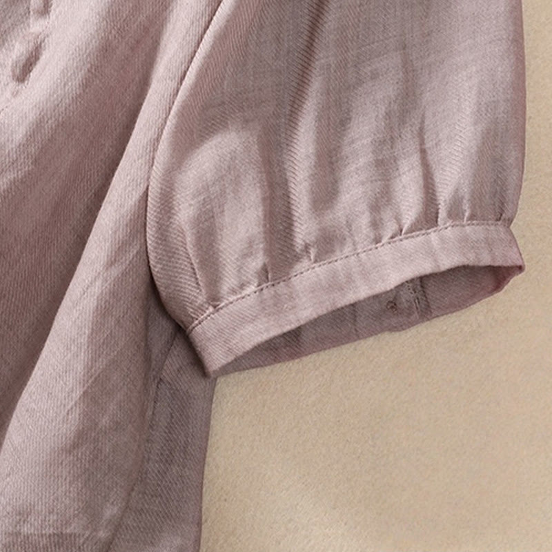 Camisa de manga tres cuartos de algodón y lino con cuello alto, diseño casual de botones y volantes, con estampado de Buddha Stones. - image 5