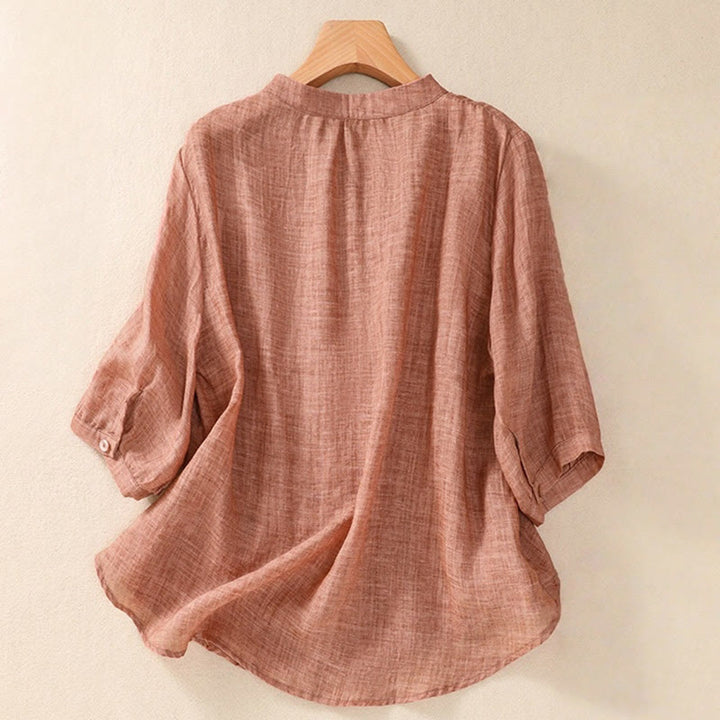 Camisa de manga tres cuartos de algodón y lino con cuello alto, diseño casual de botones y volantes, con estampado de Buddha Stones. - image 16